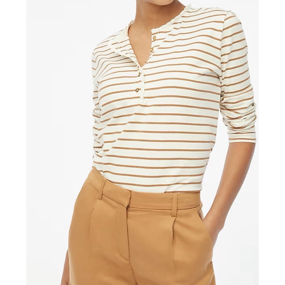 J. Crew Factory Cream and Tan Striped Henley Top